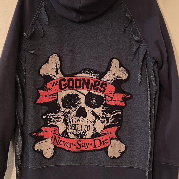 Upcycled “The Goonies Never Say Die” fringed hoodie sweatshirt duster jacket - Picture 8 of 14
